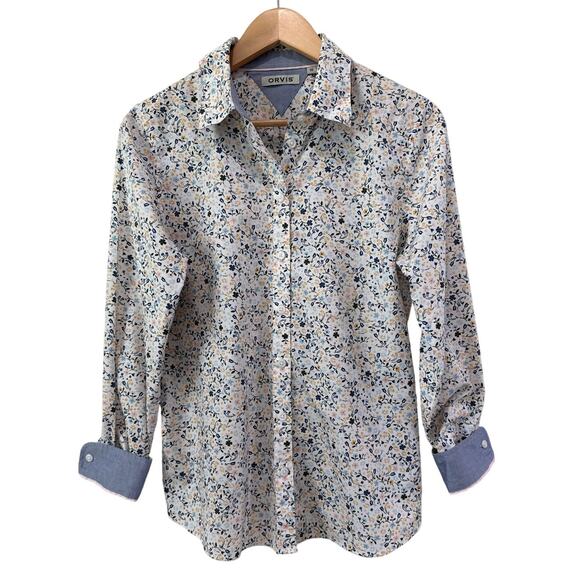 Orvis Floral Contrast Cuff Long Sleeve Button Up Top Size 10 Casual Girl Boss - Picture 1 of 8